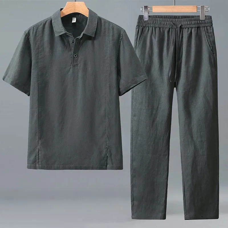 Short Linen Drawstring - 남성 플러스 사이즈 여름 린넨 투피스