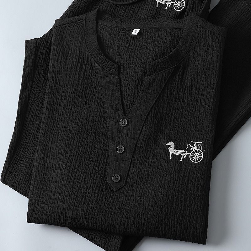 새로운 여름 패션 트렌디 린넨 반팔 티셔츠 세트 남성  - Short Linen Drawstring 리뷰 및 가격