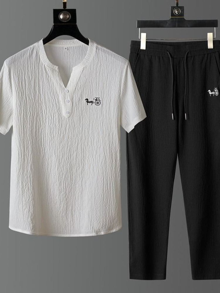새로운 여름 패션 트렌디 린넨 반팔 티셔츠 세트 남성  - Short Linen Drawstring 리뷰 및 가격